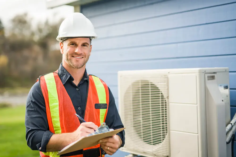 Certified Energy Control HVAC technician servicing an air conditioner in Los Angeles